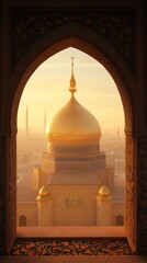 Poster - Golden dome and minarets viewed through an ornate archway at sunset. The scene has an Eastern, architectural focus