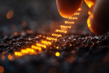 Poster - Glowing particles rise from fingertips during a magical transformation in a dark setting