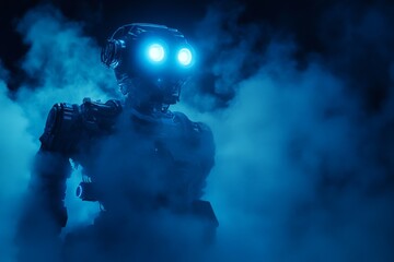 Poster - Robotic figure illuminated by blue lights in a foggy environment at night