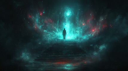 Poster - Ethereal figure ascending luminous stairs against a cosmic backdrop at twilight