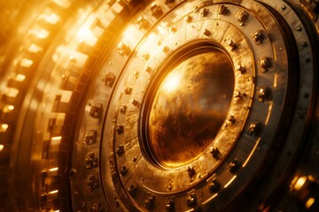 Aufkleber - Detailed view of a futuristic mechanism glowing with amber light showcasing intricate designs and a reflective surface