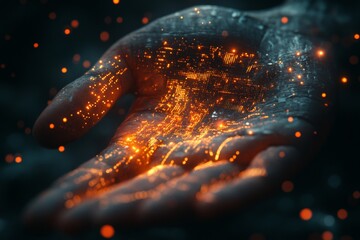 Aufkleber - Digital particles illuminate a hand in a dark setting, suggesting the fusion of technology and humanity