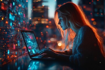 Poster - Woman working on laptop with digital elements in urban setting during evening