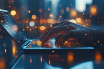 Poster - Creative hands typing on a laptop with glowing lights in a modern city setting during nighttime