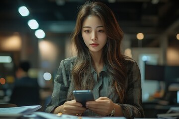 Poster - Young woman focused on smartphone while working late in a modern office environment
