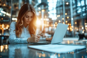 Poster - Young woman working on her laptop while taking notes in a bright, modern office space during the day