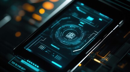 Poster - Futuristic smartphone displaying a document icon surrounded by glowing circles and lines, suggesting data analysis, file management, or cyber security within a technological environment