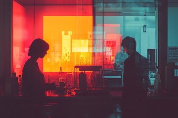 Poster - Scientists working in a modern laboratory with vibrant colored lighting during an experiment at night