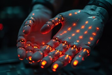 Poster - Innovative robotic hands with glowing circuitry displayed in a futuristic workshop environment