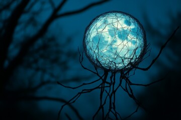 Poster - Lighted moon sculpture glowing in a dark forest during twilight