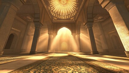 Poster - Ornate interior scene with a golden glow. Architectural details include columns archways and textured walls. Warm sunlight streams through arched windows