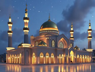 Poster - Illuminated building at night with golden dome and minarets reflected on the glossy surface under a twilight sky, 3D rendering