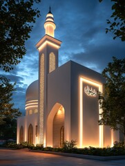 Poster - Illuminated structure with glowing lights against a twilight sky surrounded by lush greenery and architectural detail
