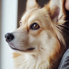 Aufkleber - Dog gazing through a window while being held by a person in a cozy indoor setting. Generative AI