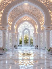 Poster - Ornate interior architecture with arches and floral accents bathed in warm light, featuring intricate patterns and a marble floor