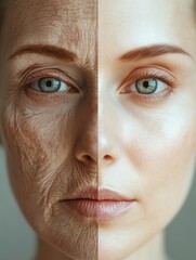 Poster - Transformation of aging to youthfulness in a captivating split face comparison of skin condition. Generative AI