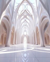 Poster - Intricate white architectural interior with arched ceilings and patterned structures illuminated by bright sunlight creates a majestic atmosphere