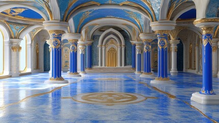 Poster - Opulent interior hall with mosaic floors gilded detailing and arched doorways. The structure radiates grandeur and intricate architectural design with a celestial ambiance
