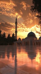 Poster - Generic architecture illuminated by a warm sunset reflected in a tiled surface with minarets and domed structures amidst trees