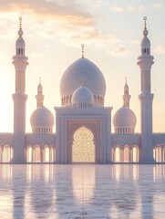 Poster - Majestic white religious building architectural design under sunset light with reflective marble ground and intricate details