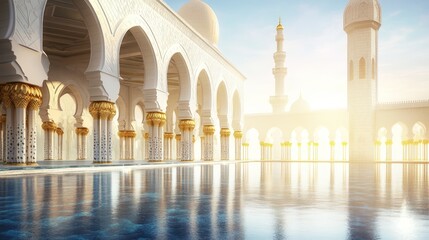 Poster - Stunning view of a religious building's architecture with a reflecting pool under bright sunlight. Arched columns, intricate details and minaret in the background