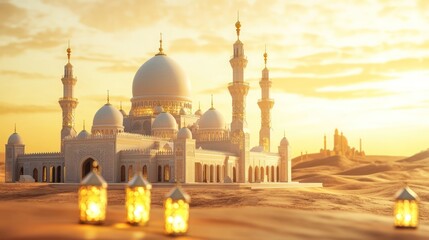 Poster - Majestic white structure illuminated by warm sunset light stands on desert landscape with lanterns. The architecture details are stunning