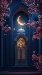 Poster - Ornate archway design with a crescent moon and floral accents illuminated. Aesthetically pleasing and symbolic. Evening lighting and detailed architecture