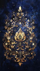 Poster - Ornate golden floral design on a starry blue background. Detailed pattern with textured elements and shimmering highlights