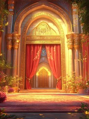 Poster - Ornate golden doorway with red curtains and lush garden setting illuminated by sunlight highlighting details of design and architecture