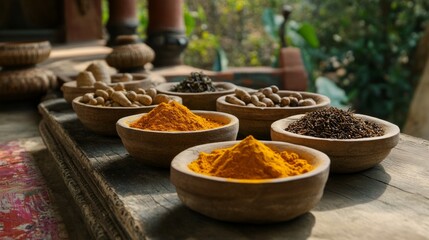 Poster - Rustic display of colorful indian spices in wooden bowls on outdoor table