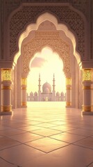Poster - Ornate interior featuring white marble columns arched doorways and a distant view of the building illuminated by the golden light of sunset