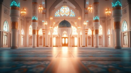 Poster - Interior of a place of worship with ornate pillars and vibrant stained glass windows. The scene is bathed in warm, inviting light. A grand entrance offers a serene atmosphere