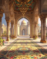 Poster - Luxurious interior with arched walkways and detailed carpet leading to a grand dome building under bright sunlight. Floral and decorative elements enhance the architectural beauty
