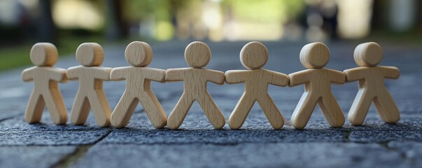 Poster - Wooden figures holding hands showing concept of team and togetherness