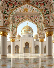 Poster - Elegant white architectural structure with gold accents intricate floral patterns ornate arches marble columns and reflective floor sunlight illuminating the scene