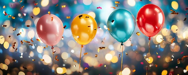 Poster - Colorful balloons floating with confetti on a sparkling background