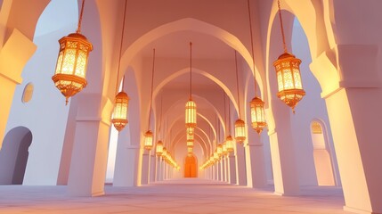 Poster - Architectural interior with arched ceilings white columns and ornate golden lanterns creating a sense of light and space, possibly cultural design