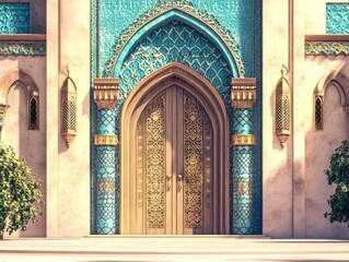 Poster - Ornate wooden doors with golden details turquoise archway exterior facade in Middle Eastern style illuminated by ambient lighting