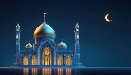 Poster - Pixelated night scene featuring a golden-domed building and crescent moon against a dark blue sky. Illuminated towers and intricate details evoke spirituality and peace