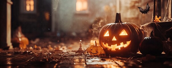 Aufkleber - Halloween pumpkin glowing on spooky porch at night