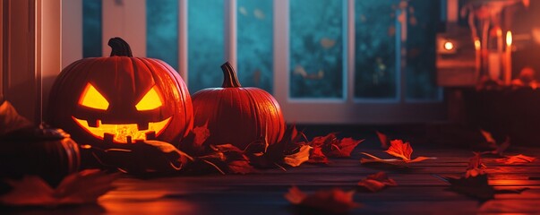 Poster - Halloween pumpkins glowing on a spooky porch at night