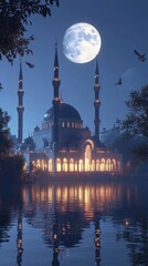 Poster - Pixelated structure at night reflection on water with full moon and birds