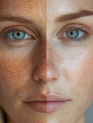 Aufkleber - Contrast of age and youth on womans face representing beauty over time and skincare advancements. Generative AI