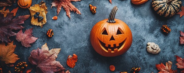Poster - Halloween pumpkin surrounded by fall leaves and decorations on dark background