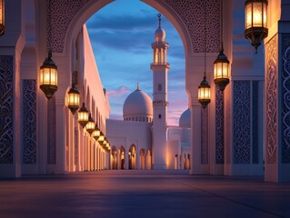 Poster - Ornate building interior with archways lanterns and a glowing sky creating a serene atmosphere
