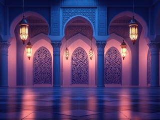 Poster - Interior view of a place of worship with arched doorways and hanging lanterns, reflecting light on the floor. The walls are adorned with mosaic patterns and pillars. Blue and purple hues create a