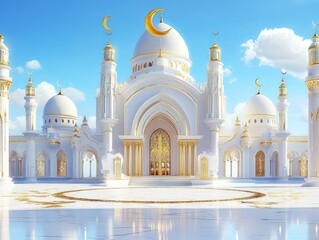 Poster - Ornate white structure with gold accents under a clear blue sky. The symmetrical architecture reflects on a polished surface, showcasing the celestial details