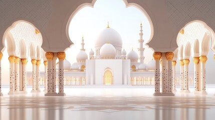 Poster - Architectural view of a white mosque building with arches and golden elements reflecting light