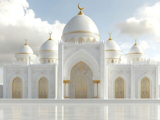 Poster - White mosque with gold accents under a cloudy sky architectural details illuminated daytime