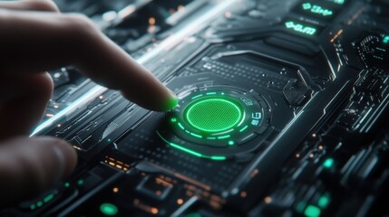 Poster - close up view of an engineer's finger activating a futuristic cybersecurity system, featuring glowin